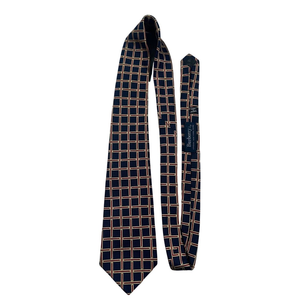 Vintage Burberrys Silk Necktie Mens OS Navy Blue Geometric HAND MADE inEngland